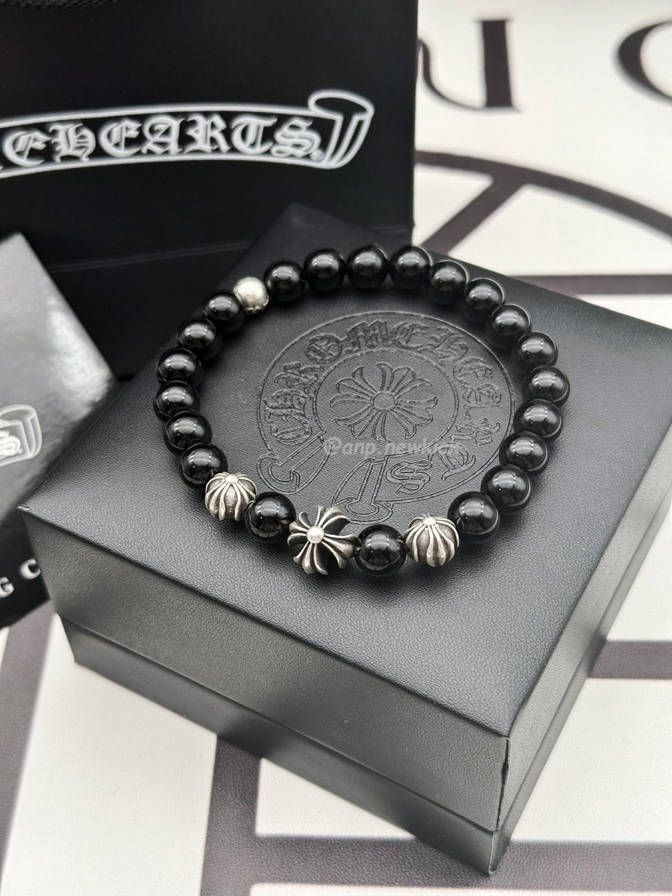 Chrome Hearts Obsidian Cross Flower Silver Ball Bracelet (4) - www.newkick.vip